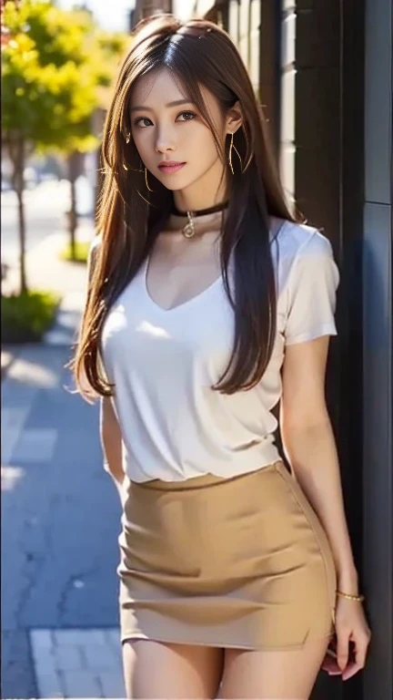 (masterpiece:1.3), (8K, Photorealsitic, Raw photography, top-quality: 1.4), (1girl in), A pretty woman with perfect figure:1.4, cute face, beautiful countenance, (Lifelike face), Beautiful hairstyle, realisticeyes, beautiful detail, (real looking skin), Beautiful skins, enticing, The ultra -The high-definition, A hyper-realistic, ighly detailed, (small tits:1.3), (cleavage of the breast:0.8)、White button-up shirt、a belt、Black leather tight skirt、Like Emily O'Hara Ratajkowski Japan, Semi-long curly hair、bangss、(Brown hair、small tits1.3)、(Modern architecture in background)、(slim figure))、Kojiri、(narrow areola、small areolas)、(perfectly shaped )、(small and beatiful model pose、is standing