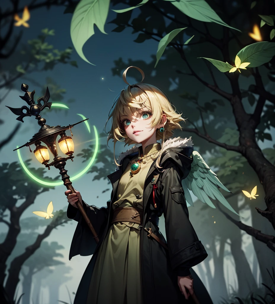 Best picture quality, role-playing game world, lovely five-year-old girl, ochre-colored mushroom-cut hairstyle, amazingly large shining eyes holding a magic wand and wearing a black scarf and gray robe-like clothes, long eyelashes, neat , friendly and bright smile, braveand accompanied by a wizard and a warrior,