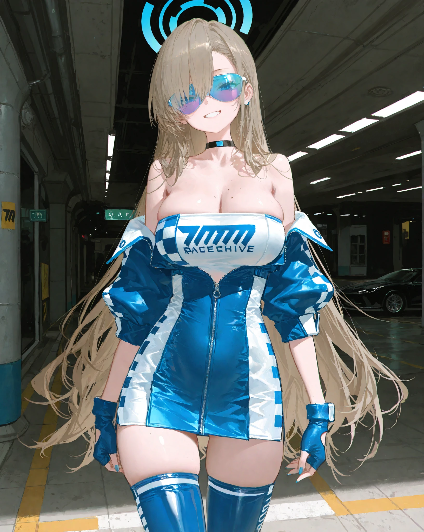 (Official art、Best Quality、Unity 8k Wallpapers、32K、ultra-detailliert、超A high resolution、realisitic、Photorealsitic:1.2、pvc revoltech)、(Cinematic lighting:1.2)、(Full body)、kawaii girl、Crying face、Acrylic Stand,Transparent blue two-piece lace queen costume、Charming,A sexy,vinyl mini skirt,cleavage of the breast、frilld、foco nítido、I opened my mouth a little、A slight smil、there were many spectators、(light blue braided ponytail、beautiful hair of blue color、 Blue eyes)、inside an acrylic box、service area,racing car、giant lcd monitor,