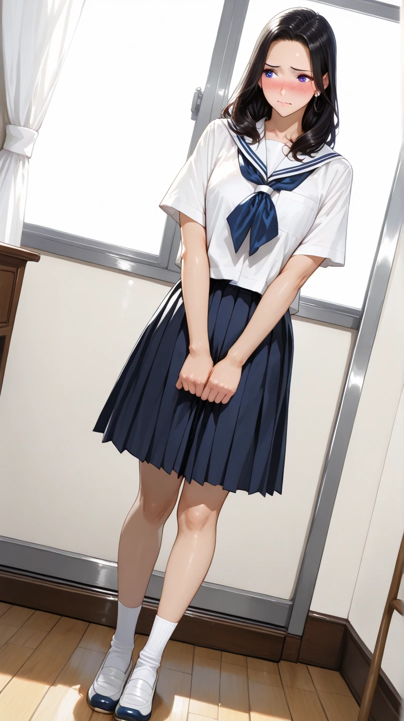 A woman in a white shirt and black skirt poses for a photograph, JK school uniform, in school uniform, Black Lens Stockings,Girl in uniform, in school uniform, school uniform, japanese girl school uniform, seifuku, 魔法学校の, Wear a dress, Dressed as a high school girl, Wearing Japanese clothes , Black Skirt, Female student, Realistic , White Uniform、((Boyfriend and girlfriend having sex:1.5))、((Sexual pose:1.5))、((Spread legs POV:1.5))、((Beautiful areola:1.5))、((Nipple erection:1.5))、((Beautiful pussy:1.5))、((A thin layer of sweat:1.5))、((Insert your into your:1.5))