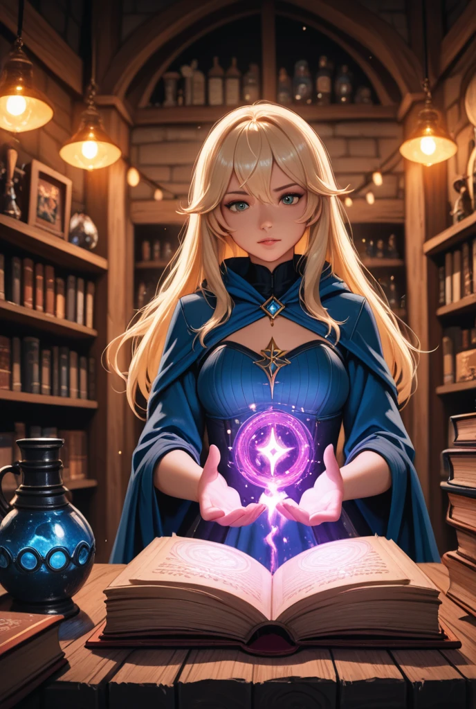 Masterpiece, Best Quality, (((Solo mature woman Janet))), (((platinum blonde hair))), long braided Ponytail, (((wide hips))), (((light blue eyes))), full lips, seductive smile, cleavage, sitting on wooden throne, (((bookshelves, candles))) sunset, blushing, , "beautiful mature face" , age30 , MILF , adult ((open kimono with detailed patterns of gold)), bare shoulder, ((Sexual suggestiveness)), perfect beautiful eyes, detailed eyes. thick lips, ((big boobs)), (Thick thighs), top down, looking down, (((shiny skin))), (((chubby))), (((crystal Ball))
