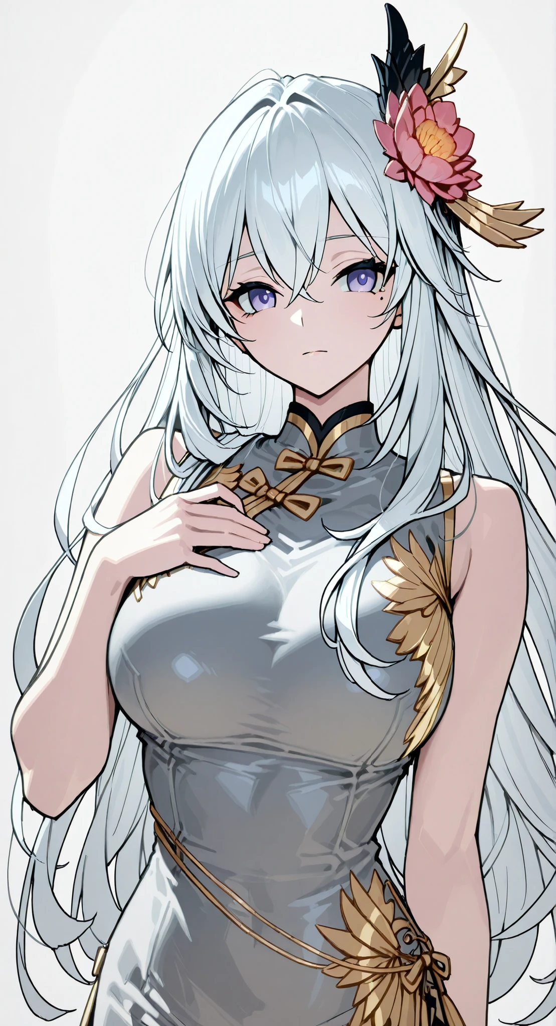 skin,Bound shoulders ,sleeveless china ,anime girl Picture of a woman with long white hair and a flower in her hair, gray hairの deity, Anime Goddess, gray hairの, gray hairの lady, gray hair, zodiac knight portrait girl, Haise Jinyao, Genshin、Keking, Full Body Senxia , Female Anime Characters Who Collect Their Boob With Both Hers, Picture of a woman with long white hair, perfect gray hairの girl,Beautiful Breasts,thin waist,mole under eye