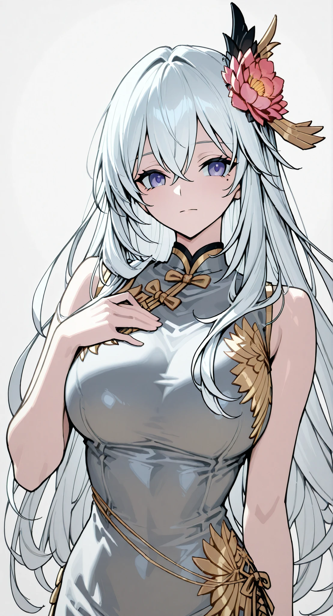 skin,Bound shoulders ,sleeveless china ,anime girl Picture of a woman with long white hair and a flower in her hair, gray hairの deity, Anime Goddess, gray hairの, gray hairの lady, gray hair, zodiac knight portrait girl, Haise Jinyao, Genshin、Keking, Full Body Senxia , Female Anime Characters Who Collect Their Boob With Both Hers, Picture of a woman with long white hair, perfect gray hairの girl,Beautiful Breasts,thin waist,mole under eye