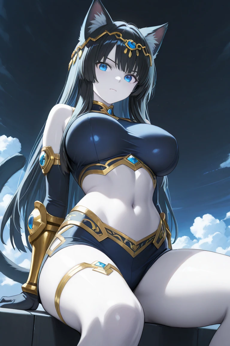 masterpiece, best quality, 1girl, solo, Lucina \(fire emblem\), blue hair with black highlights, blue eyes, detailed eyes, detailed pupils, marked eyelashes, mascara, dark blue lipsticks, bold eyebrows, short hair, detailed hair, cleavage, large breasts, standing, darkmage, bodystocking, hands glowing with blue magic, blue aurora's, mature female, wide hips, fantasy, fortress, darkness, dark, night, night sky, moon