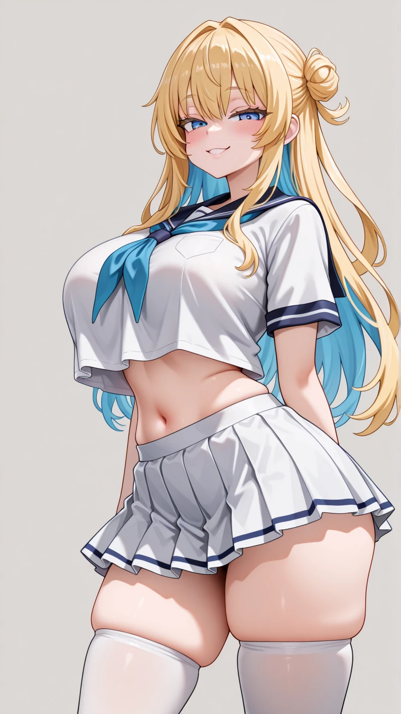 sailordress, 1girl, breasts, thighhighs, gloves,skirt, solo, hat, navel, salute,galko, blunt bangs,white gloves, blue eyes, large breasts, sideboob, blush, midriff, skindentation, (white thighhighs:1.2), looking at viewer, sailor hat, undersized clothes, sailor collar, blue skirt, pleated skirt, thighs, embarrassed, bare shoulders, white headwear, closed mouth <lora:sailor dress:1>   <lora:galko5:1>