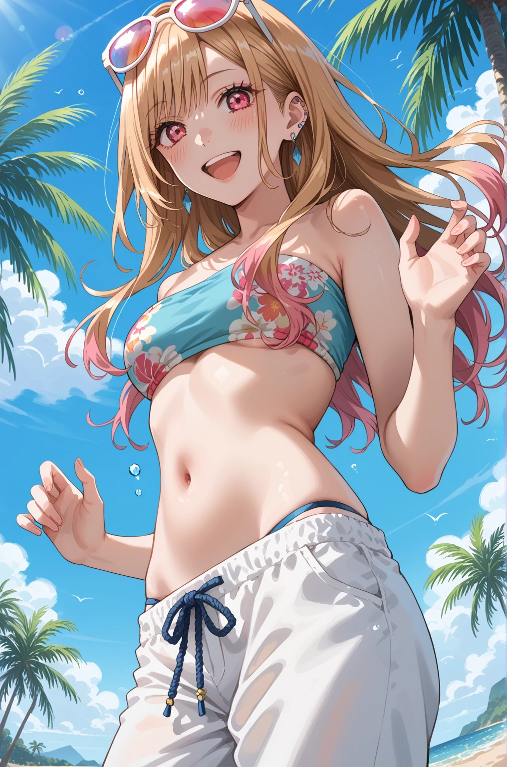 (1girl:1.3, solo), (Masterpiece, best quality, photorealistic, highres, photography, :1.3), ultra-detailed, sharp focus, professional photo, commercial photo, (upper body:1.3), (standing in water:1.3, at blue ocean), (((starring at the viewer:1.5))), (armpit focus, arms up, arms behind on head), BREAK, 1girl, solo, milf, European girl, hot model, (attractive model:1.37), (promotional model:1.2), highly detailed eyes and pupils, realistic skin, (attractive body, large breast:1.25, thin waist:1.15), thin hair, single braid hair, shiny-pink hair, extremely detailed hair, delicate sexy face, sensual gaze, shiny lips, BREAK, (orange bikini:1.3), (shorts:1.3), detailed clothes, BREAK, (outdoor, South California beach background, blurry background:1.25, simple background, no-human background, detailed background), (under sunset:1.37), BREAK, (attractive posing), ((realistic, super realistic, realism, realistic detail)), perfect anatomy, perfect proportion, bokeh, depth of field, hyper sharp image, (attractive emotion, seductive smile:1.2, happy:1.2, blush:1.2, :d:1.2, :p:1.2), 4fingers and thumb, perfect human hands, wind,