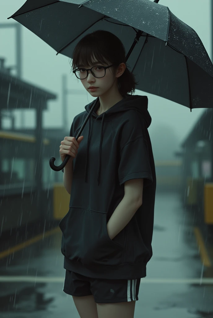 a anime girl in glasses and a hoodie sitting in the rain holding her arm, 1girl, solo, glasses, shoes, hood, blurry, blurry background, ponytail, sneakers, sitting, looking at viewer, rain, round eyewear, black hair, hood down, long hair, hoodie, long sleeves, depth of field, black-framed eyewear, bangs, night, from side, white footwear, outdoors, closed mouth, sidelocks