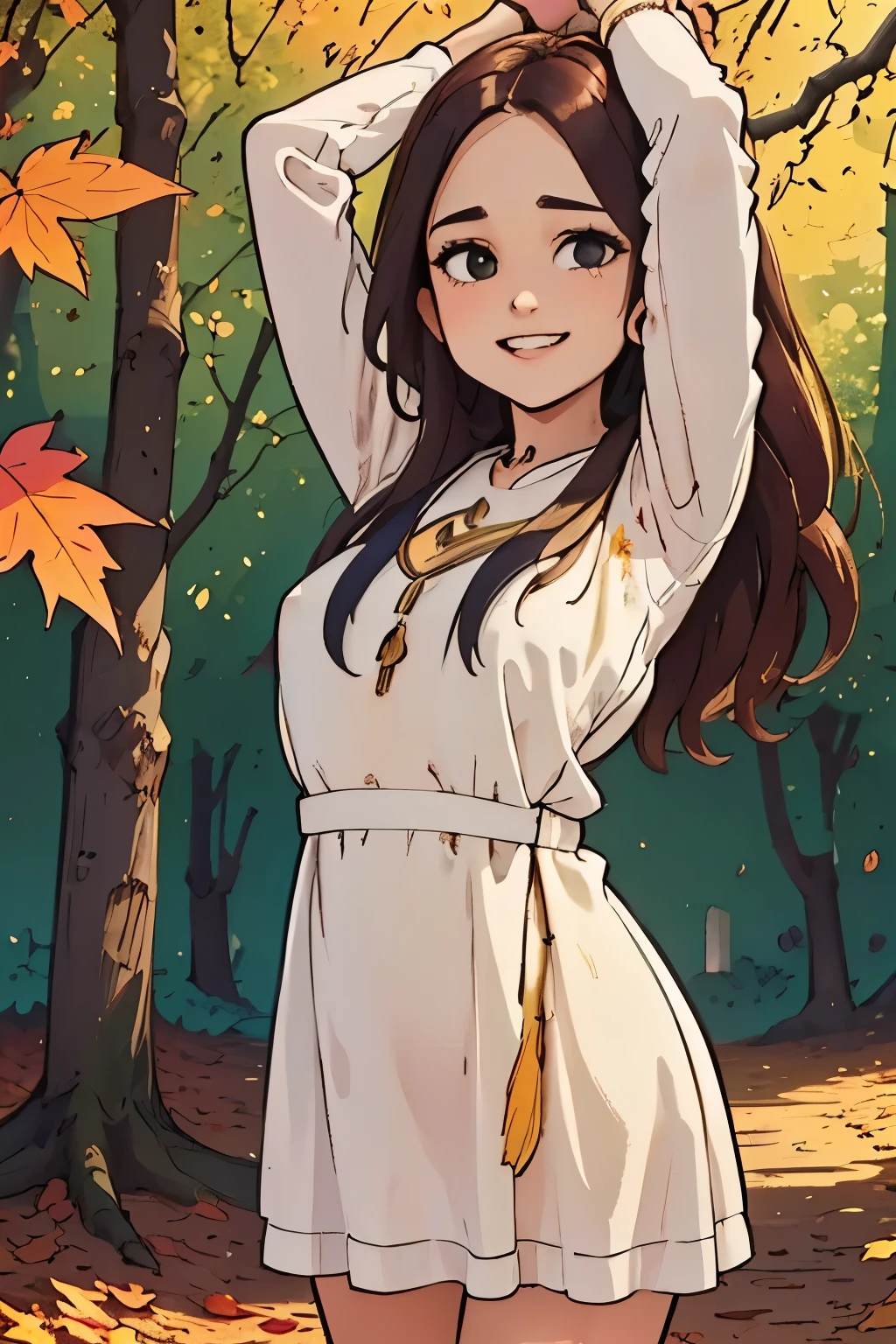 A warm, golden light filters through a tapestry of vibrant autumn leaves, casting a cozy glow on the rustic forest floor. A lone tree stands tall, its branches stretching towards the camera like nature's own frame, as the soft afternoon sun illuminates the scene with a sense of serenity and peace.