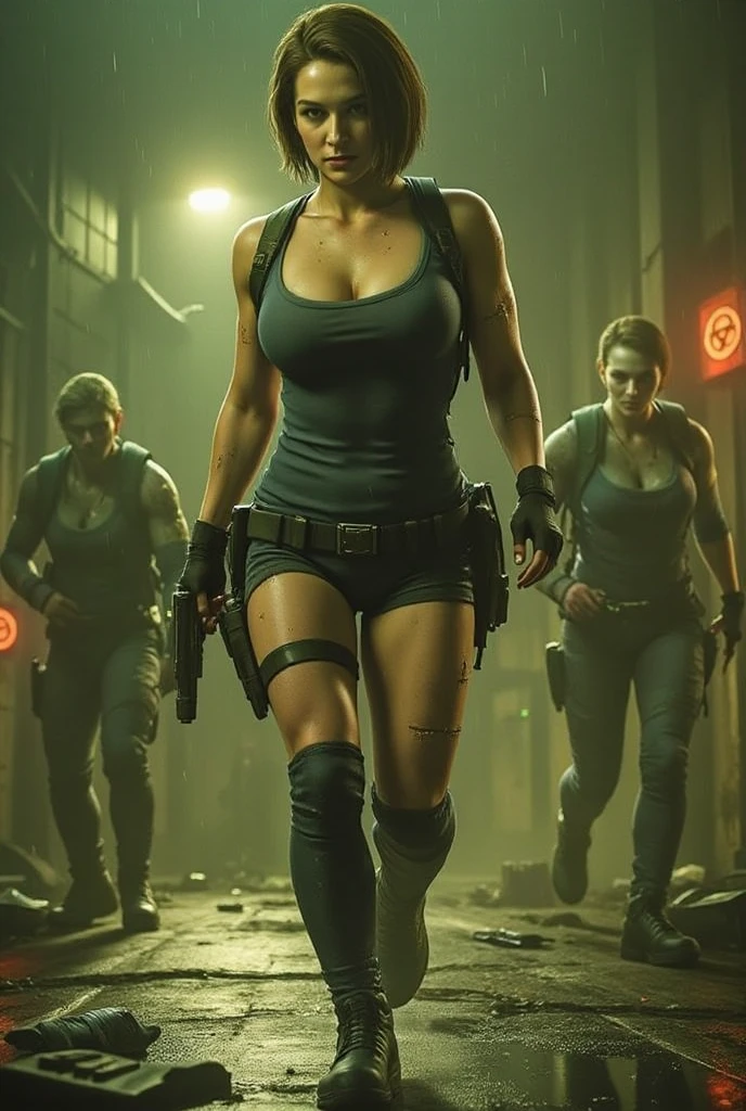 (Resident Evil 4+bloody:1.5), (full-body photo:1.6), (An elf woman and several zombies in the background:1.5), (she has gigantic breasts:1.5), (She's in Resident Evil 4+Leon's Leon outfit with black T-shirt+brown leather chorte+extremely tight on her body:1.4), (she's walking through a night town full of zombies:1.5),  (she has short brown hair:1.3), (she has blue eyes:1.3), (she's doing poses+for the viewer+holding an armada), Hyperrealism, 16k, best quality, high details, UHD