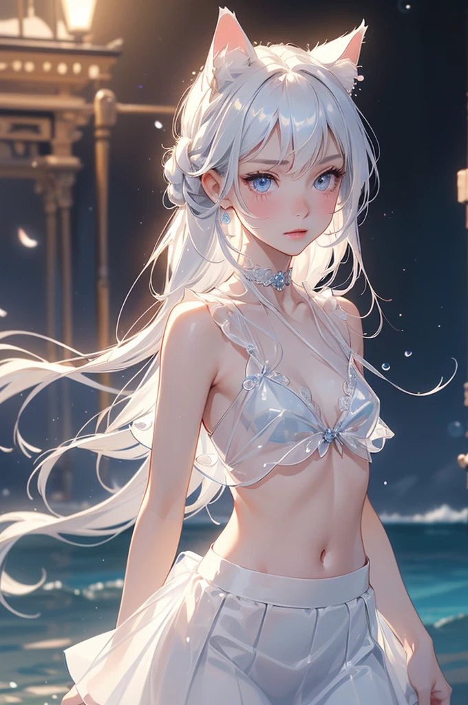Art by Cornflower, Dreamy
(A petite girl with beautiful fine eyes.) The depth of field in the photo was perfect and the lens flare made it feel nice. The fine features of her face really stood out, and the score in this photo was definitely over 10. In the background, there was a beautiful sea with crystal clear water and water droplets floating on it, a girl was lying in the water, thin robes, white robes, almost naked, white skin, fairy wings on the back, whole body, (small breasts),