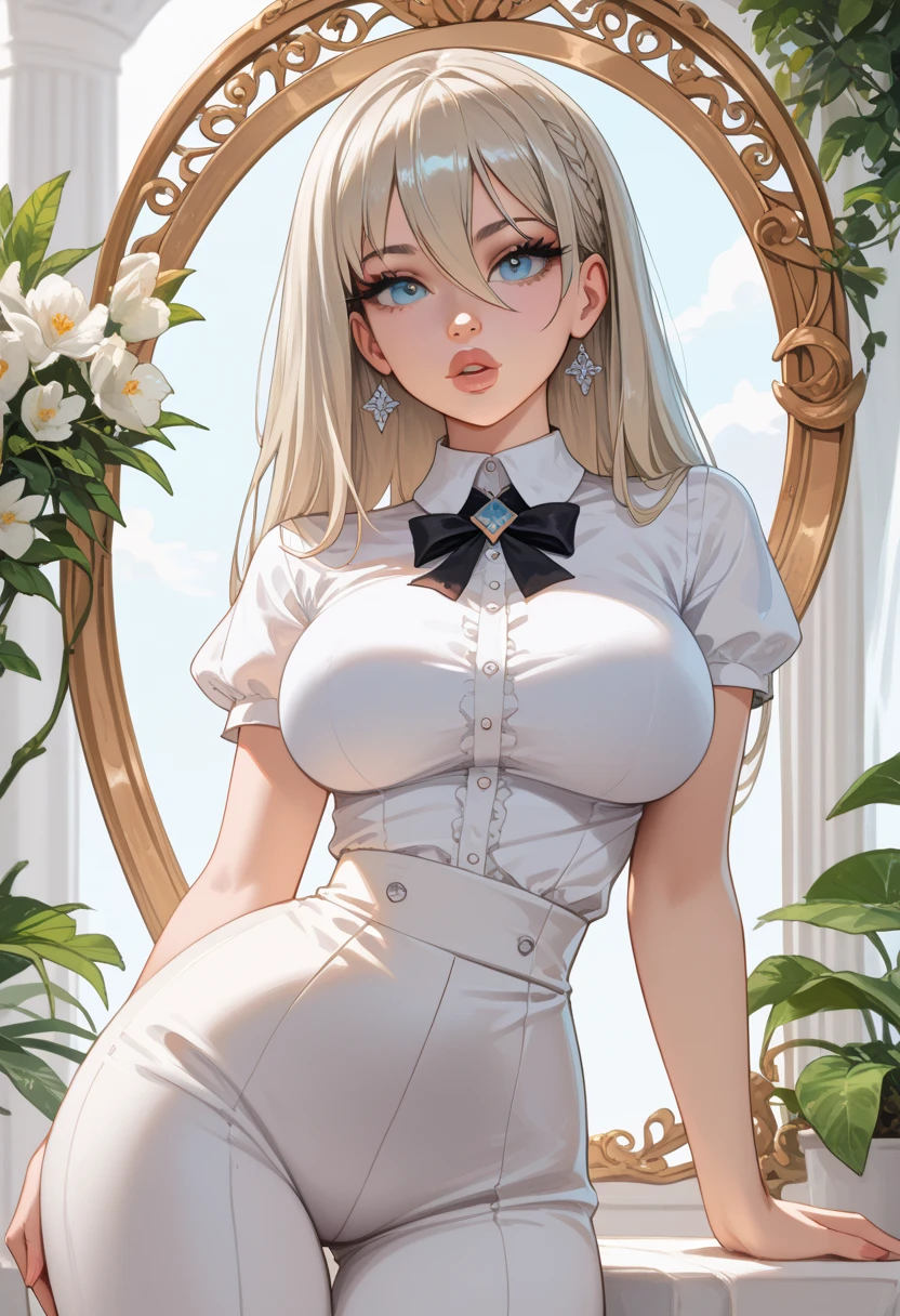 masterpiece, ((ultra detailed background, delicate pattern, intricate detail)), (highly detailed, fine details), best quality, beautiful lighting, (((medium breasts, slim girl, very slim girl))), (portrait), KalifaV2, 1girl, solo, blonde hair, long hair, (white T-shirt, simple T-shirt, glasses, fishnet thighhighs, skirt) blue eyes, jewelry, earrings, lipstick, makeup, garter straps, complex detailed background, inside, room environment, gray castle walls, brick walls, old building interior, spaceful room, <lora:KalifaEight:0.65>