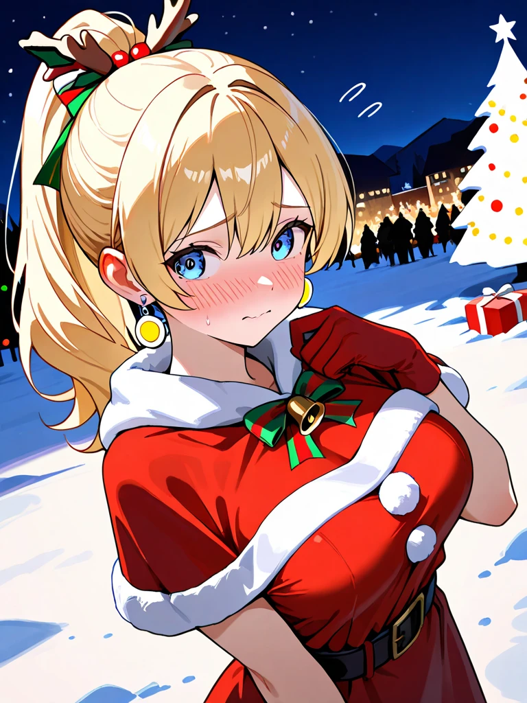1 beautiful girl, girl with, (Cute:1.5),(Chibi:0.5),(kawaii:2.0),(Lori:2.0),(12 year old girl),(large full breasts:1.65),(Ahoge,Twin braids,Blonde hair, blue bow, Green eyes,eyebrows visible through hair,side locks,Parted bangs,Long hair, Hair Flower, Hair Ornament, Big ribbon in the hair, Curly hair,Bow:1.4),:el,White feathers, one white winged, Angel wings,Spread wings, Glowing wings),pitt \(??? Icarus\),gleaming skin, Clear skin, shining beautiful skin, Open mouth,Smile, Solo, tusk, Upper teeth,(long eyelashes, Double eyelids:1.2),Solo,gleaming skin, Clear skin, Beautiful skin,(best quality face),(Top quality glowing eyes),(The best smile,Doya face:1.45)  BREAK ( santa costume, Red dress:1.65 ), Hat BREAK is vertical striped knit, (Knitted scarves:1.4), Sweaters, Ribbed sweater, a miniskirt, Tight Dress, Black knee socks ,

Break Sitting,  Standing,
Outdoors, day,(Athletic:1.55) ,Blue sky, cumulonimbus clouds, Sunlight, Flowers, garden, forest, Soto, Trees, Wind, Windy, Nature, tussock, (camping:1.4),depth of fields,

BREAK,wakame,wakame,wakame,(Dynamic Poses, Dynamic Angle, close-up, Cowboy Shot, Cowboy Shot:1.4),

BREAK,(Blurry background:1.3),(absurderes, hight resolution, Super Detail Art),cel shading,Clear Color, Lonely optical effect, Beautiful pictures, Bright glow, mystic atmosphere,(Close-up of girl:1.1), Mystical light particle effect,manga influence, clean line drawings,
nice hand, Perfect hands,