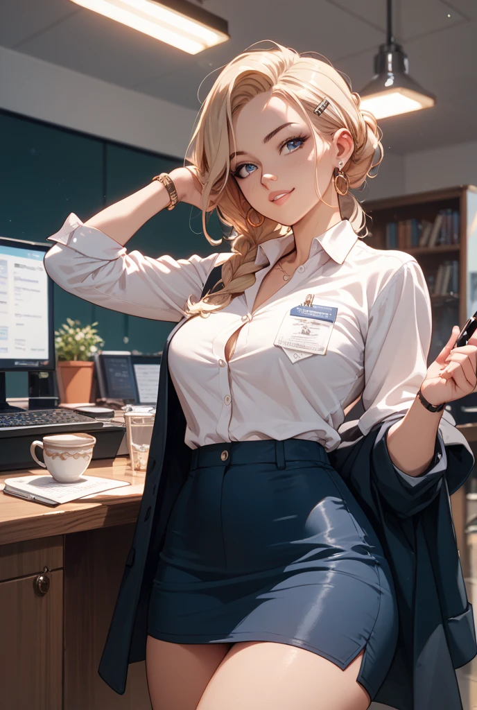 ((masterpiece, Highest)), (One girl), (Mature Woman), Light pink hair, A seduction with exposed breasts, sprawled out, (Office Lady), bangs, Big Breasts, slim, smile, [Wide Hips], Are standing, got it  (Blue File), 8K quality, Sexy seduction, (open neck suit)、Business district