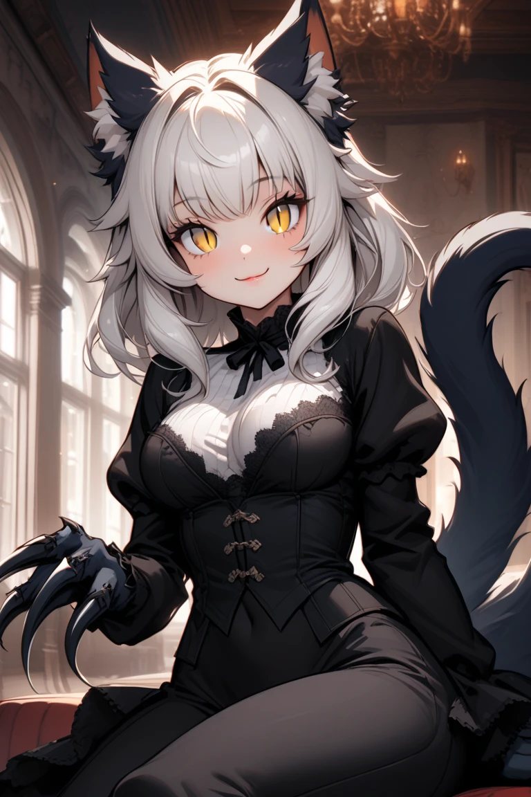 ((Masterpiece)), ((Best Quality)), (Very Detailed), ((Very Detailed)), 4K, (8K), very aesthetic, absurdres highres, 1 woman, elf, dark skin, brown skin, silver hair, elegant woman, In the bright daytime living room of her home, a woman steps on the hem of her long skirt and nearly topples it forward. Seeing this, the cat who was lying on the carpet in the living room opened its eyes wide in surprise. Soft sunlight streams in through the window, bathing the entire room in warm tones,