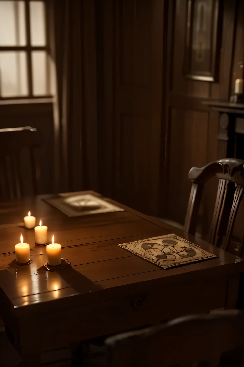 A dark, dusty room, lit only by the flickering light of burned-out candles. In the center, an antique Ouija board with carved letters and a planchette that moves on its own, as if guided by an invisible force. Around the table, three people with tense expressions and wide eyes peer at the board in fear and disbelief. The air is thick and charged with dark energy, while indistinct shadows seem to dance on the walls. In one corner of the room, a blurry, ghostly figure appears barely perceptible, silently watching with an eerie smile. The atmosphere must be cinematic, dark and otherworldly, with a sense of growing dread.