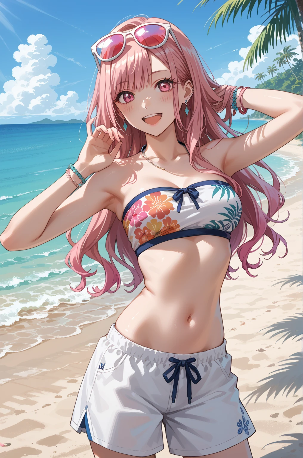 Girl、cute、Yandere、Menhera、Princess、Young、Loriコン、、Young、cute、Yellow Eyes、Pink Hair、Super Long Style、Half Twin、hibiscus、Straw hat、Big ribbon、cute、Spoiled、Watery eyes、heart、heart,smile、be happy、Eyes glow pink、Red cheeks、Hawaii、Floral print bikini,Smaller chest