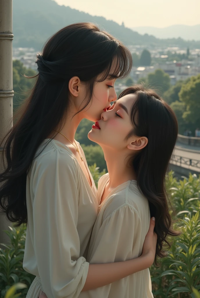 best quality, high res, masterpiece, (Photorealsitic:1.35), (top-quality), ultra High Resolution, two Ultimate Beautiful Woman, white shawl straight long hair, beautiful detailed eyes, beautiful detailed parted lips, extremely detailed eyes and face, long eyelashes, medium oil painting, vivid colors, ultra painting, sharp focus, physically-based rendering, extreme detail description, portraits, curvy slim body, (Firm and well-shaped perfect medium breasts:1.5), hyperdetailed face, Detailed lips, Detailed eyes, Double eyelids, shiny skin, Highly detailed, ultra-detail art, Best Shadows, Perfect lighting, (surreal), Improved resolution, 8K, Best figure, deep shadow, Perfect dynamic composition, close eyes, two women are standing close together in a park with trees, a portrait of two girls kissing, lesbian kiss, kissing together cutely, kissing mouth to mouth, a lovely kiss, kissing each other, kissing together, two women kissing at a carnival, two beautiful women in love, kissing, two girls, lesbian embrace, lesbian, two beautiful anime girls, lesbians, girl