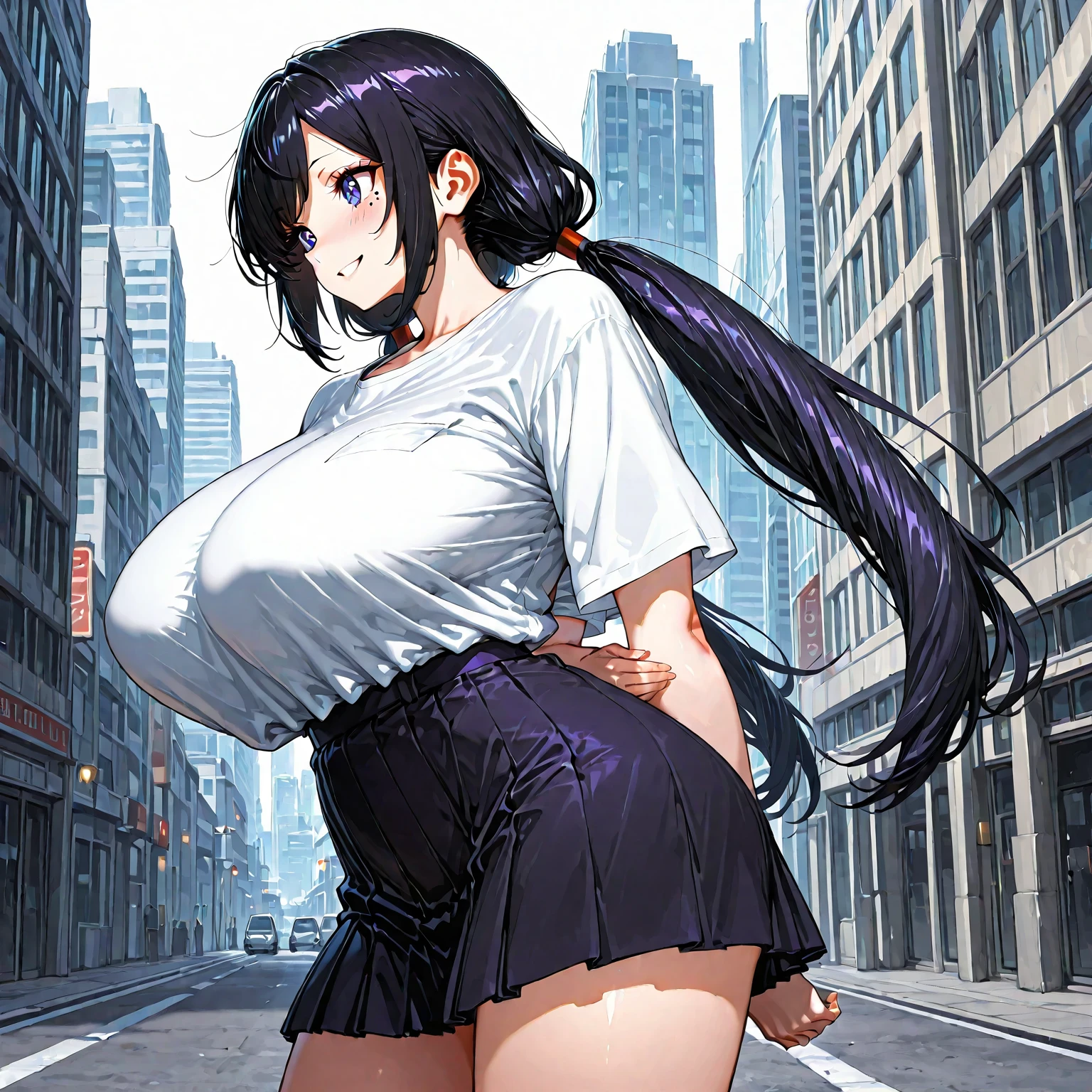 Best quality,8K,ultra high res:1.5),(Pretty very very long ponytail hair tied with red ribbon girl),(Huge breasts:1.20),(very voluptuous body),(very voluptuous thigh),(body builder girl:1.5),(wide muscle:1.8),(light smile),(eyes to camera),(light black hair),(red bra),(red short skirt),(nipples),(sexy abdominal muscles),(standing view),(black shoes),(nipples),(blue eye ball),(naked),(walking on night street),(headband)