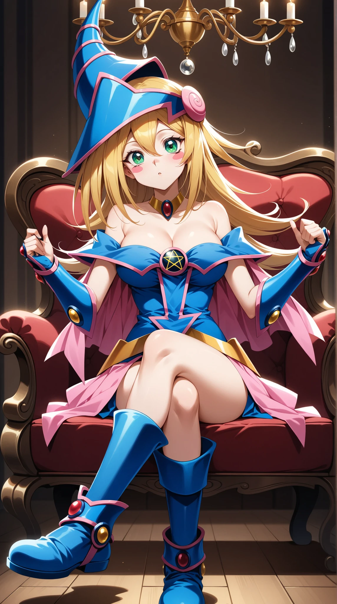 (masterpiece, best quality, very aesthetic, ultra detailed), intricate details, 4k, aadmg, long hair, blonde hair, hat, blue headwear, green eyes, blush stickers, breasts, choker, bare shoulders, cleavage, blue dress, pentacle, vambraces, pelvic curtain, pink skirt, sitting, sofa, crossed legs, chandelier, indoors, boots, blue footwear,