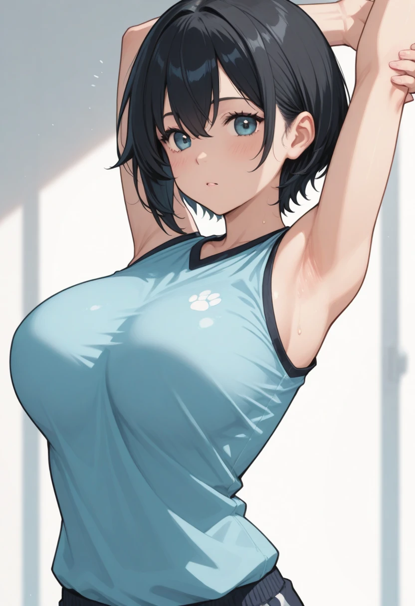 Extremely delicate and beautiful, finely detail, masutepiece, Ultra-detailed, hight resolution,Best Illustration,Colossal tits,  High quality, 1人の女性、white t-shirts、(Bright red bloomer)、(Wearing bloomers)、Nasty smile、Full body like、sexypose、sports ground、photographed from the back、red blush、Hot sigh、full of sweat、Tight outfits、Full body like