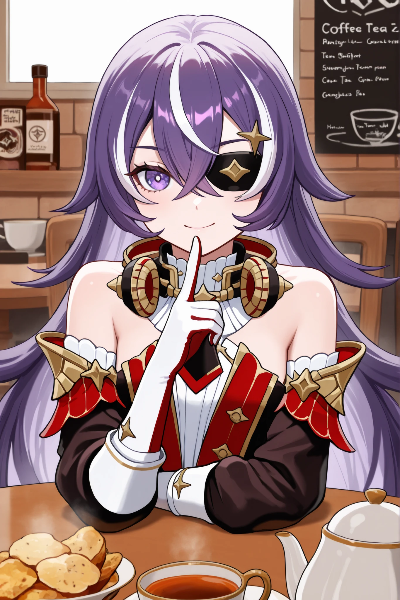 masterpiece, top quality, solo, Curvy,, zzChevreuse, PURPLE EYES, hair between the eyes, Long Hair, multicolored hair, purple hair, striped hair, white hair, has, earmuffs, eye patch, bare shoulders, Gold trim, 黒 butt under pants, butt under pants, Puff Sleeves, Detachable Collar, pantyhose, white thigh high boots, upper body, upper body, Smile, stare at viewers,coffee shop,sitting chair,table,tea time,cup,table,fried potato, cup, teacup, teapot,chair, sitting,finger to mouth,happy,closed eyes,crossed arm,pov