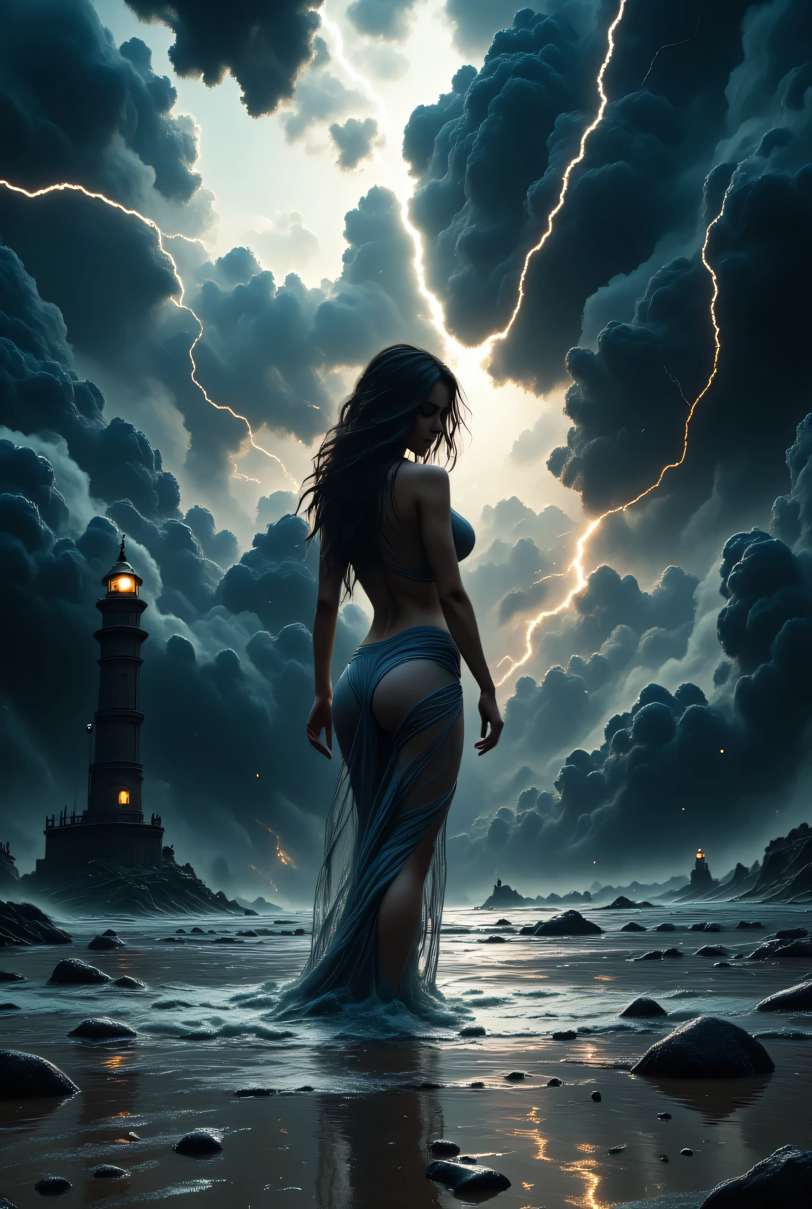 A cinematic split-frame composition where the lens is half-submerged underwater. Below the surface, a serene and calm lakebed stretches out, softly illuminated by refracted light. A nude woman stands gracefully on the sandy lakebed, her pose tranquil, with her long hair drifting weightlessly in the still water. Above the surface, the storm rages ferociously: lightning streaks across the dark clouds, torrential rain pours down, and towering waves crash violently. In the distance, a weathered, ancient lighthouse struggles against the storm, its flickering light barely piercing the chaos. The waterline is sharp, with bubbles and light refractions enhancing the split effect. Dynamic lighting highlights the emotional contrast between the calm underwater world and the savage storm above. (masterpiece, best quality, ultra-detailed, photorealistic, cinematic:1.3), intense-storm, lens-split