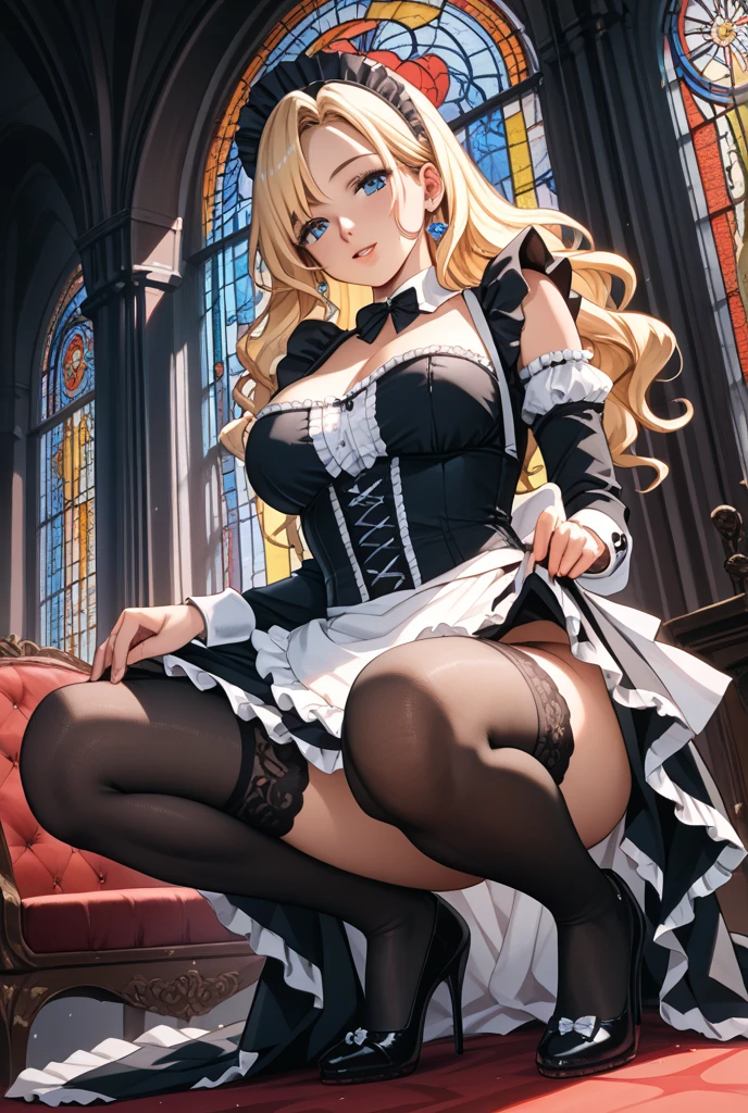 maid, blonde, big, garter belt, miniskirt, ruffled apron