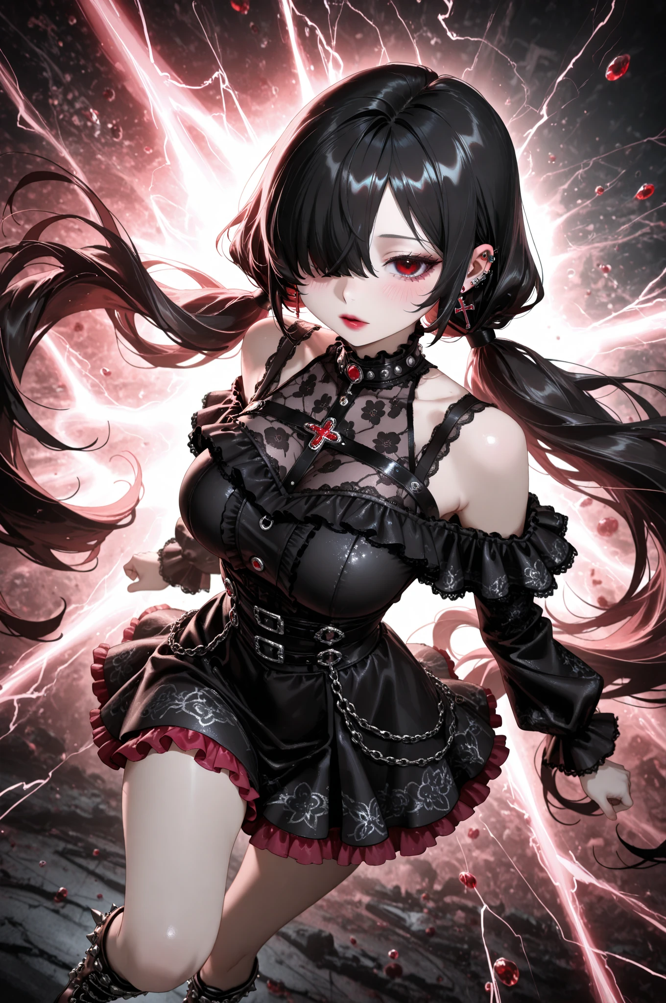 blackconqueringsuit, 1girl, bare shoulders, gloves, black skirt, devil girl, devil tail, holding whip, garter straps, black thighhighs, underwear, navel, long hair, breasts, looking at viewer, bangs, red hair, black hair, <lora:BlackConqueringSuit:0.7>