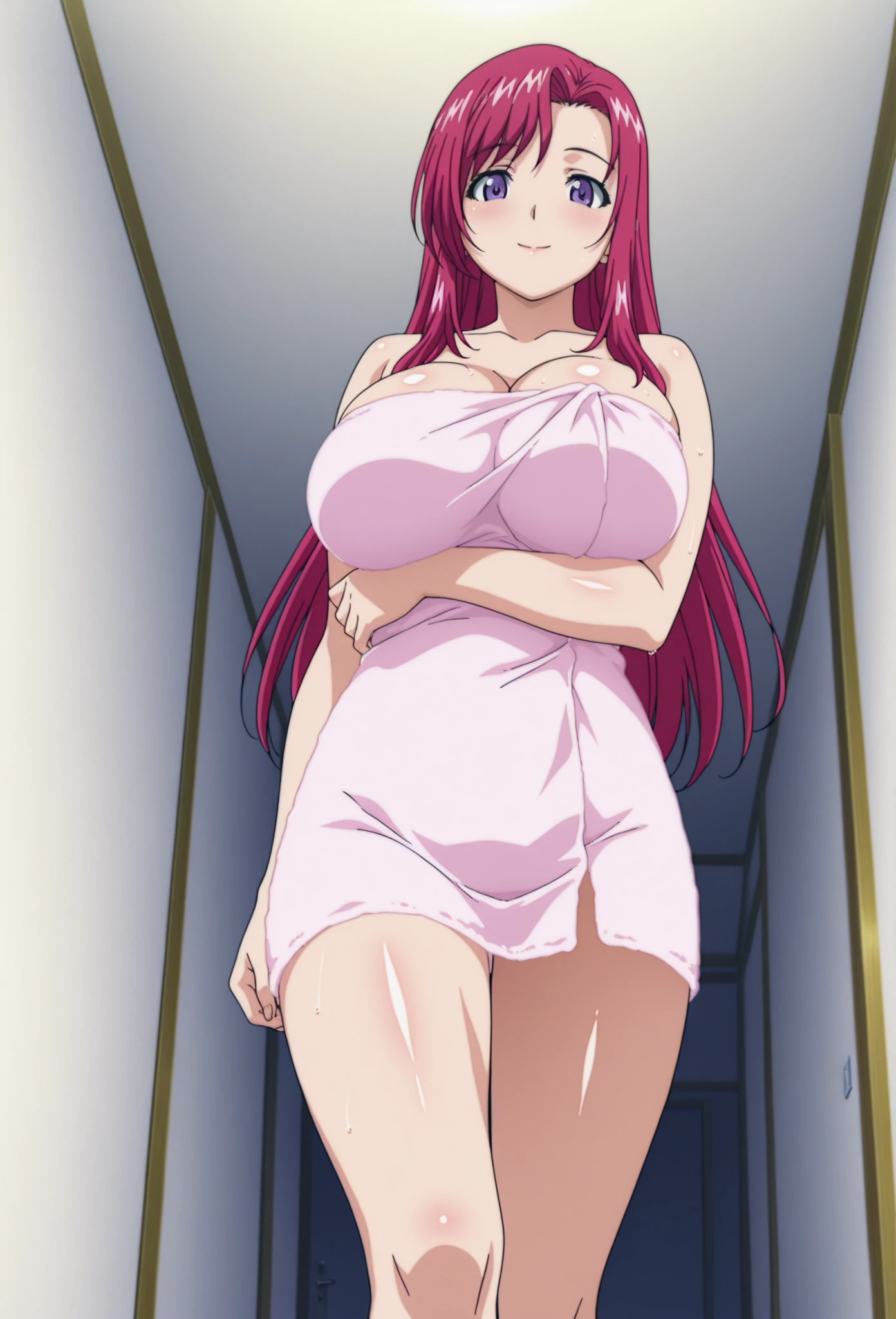 High resolution, The Testament Of Sister New Devil, Mio Naruse 1girl, ((bimbo))), long red hair, red eyes, sexy face, erotic smile face, blushing, puffy lips, thick lips, slim figure, wide hips, thick thighs, enormous Natural breasts, shiny skin, oily skin, pink panties, pink top, pink pajamas, revealing clevage, house, bed, morning,