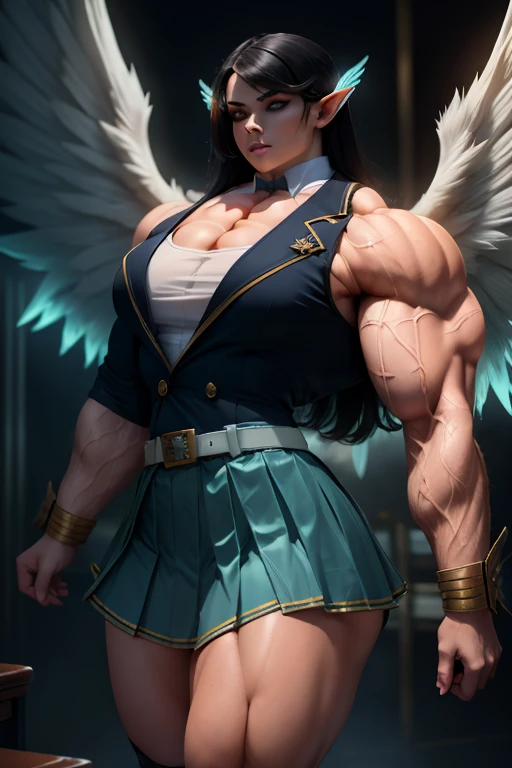 ((Close-up)), tall, (royal blue hair) beautiful muscular woman, long curly wavy hair, pale white skinned, closed smile, (black lipstick), (massive muscles), (hyper muscle), ((ginormous bulky muscles)), white eyes, (((sleeveless royal blue pleated shirt))), (giant angel wings), (((long pleated skirt with belt))), fingerless gloves, necktie, thigh highs, on a skyscraper, 