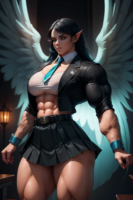 (((((Massive tall, beautiful, buff, pale white skinned muscular woman with royal blue hair, black lipstick, giant feathered wings, ginormous bulky muscles and wearing a black gothic blouse with a black pleated skirt))))), ((close view)), massive muscles, hyper muscle shoulders, hyper muscle triceps, (long curly wavy hair), wavy eyes, choker, (chain belt), (pleated skirt), black boots, (spiked gauntlets), white smoke and white fog surrounding the body, (on top of a dilapidated building surrounded by water in a destroyed city), cocky smirk, night, hyper vascular arm, hyper muscles arms, hyper muscle legs, ginormous arms.
