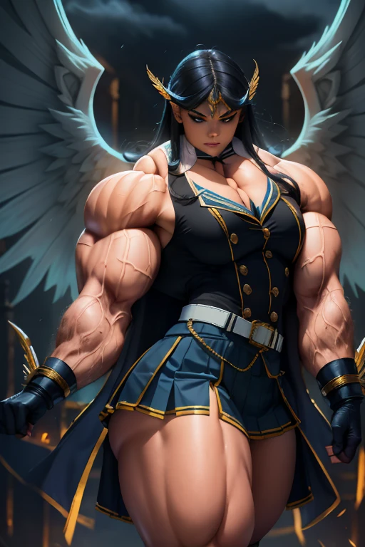 Angel girl with extreme muscular body, gigantic muscular arms, gigantic muscular tights, white cleopatra outfit, fair skin, halo, black angel wings, black hair with ponytail and gigantic breasts.