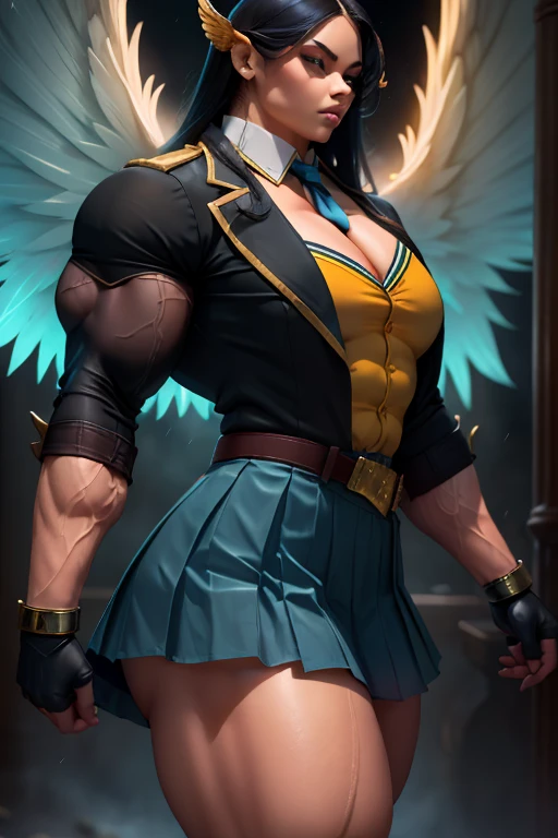 muscle girl,huge breast, angel girl, tall female, ,pants, solo focus, 1character, portrait full body, dark skinned female, palladin armor, sword holding, knight, vest, coat, walking