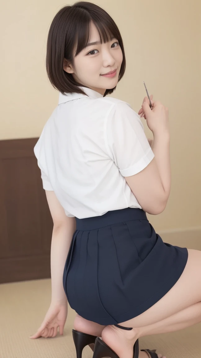 Mix 4, (16K, RAW Photos, Best image quality, masterpiece: 1.45), (Realistic, Realistic: 1.37), One Girl, cute, Professional Lighting, Photon Mapping, Bedroom, Physically Based Rendering, Dark brown long bob hair,beautiful, well-groomed eyes、double eyelid、With a girl,((((If you raise your hands above your head you can see your armpits)))), (((Sleeveless shirts worn by Japanese high school girls、Checked mini skirt,、Dark blue socks、Black Loafers))), Highest quality photos, High resolution, 1080P, (Clear Face), (Detailed face description), (Detailed hand description), (masterpiece), (Exquisite CGI)、Extreme light and shadow、Disheveled Hair、masterpiece、Rich details、(White lace pattern panties)、(Top quality photoassessing muscle area)、(Fine grain)、Look in front of you、Thin clavicle、((Slim and large))、シャツを捲れてbeautiful胸が確認できる、(((In Japan, we wear sleeveless shirts)))、((Pure Idol))、((明るいBedroom))、(Shot from random perspectives)、(((とにかくcute)))、Big smile、Drawing the whole body from the knees、No nasolabial folds、(Large and firm breasts:1.2)、(Tight big ass)、Two arms and two legs、(((from the front:0.4)))、bare hands、Symmetrical eyes