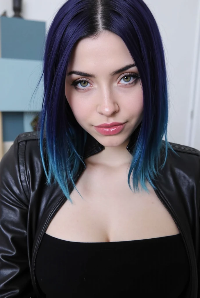 leather jackets,realisitic(1.2),hyperdetailed face,Excellent style,huge tit,Beautie,blue eyess,girl with,multicolored hair,top-quality,masterpiece,a smile,Beautiful girls,超A high resolution,girl,I'm pulling down my bangs,a beauty girl,