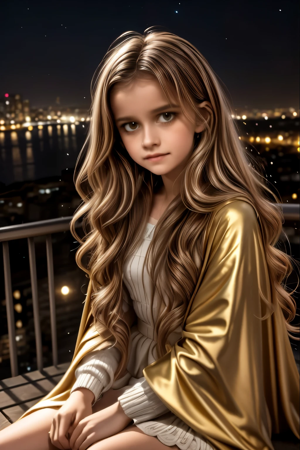 A young girl with long wavy hair, wrapped in a light cloak, sits on top of a grassy hill under a starry sky. Before her stretches a vast city lit up by thousands of golden lights, with streets intertwined like luminous veins and buildings that stand out against the darkness. The night breeze gently moves her hair as she gazes at the panorama with a dreamy and thoughtful air. In the background, the full moon dominates the sky, reflecting on the river that runs through the city. The style of the image is realistic with dreamlike elements, rich in details and evocative atmosphere.