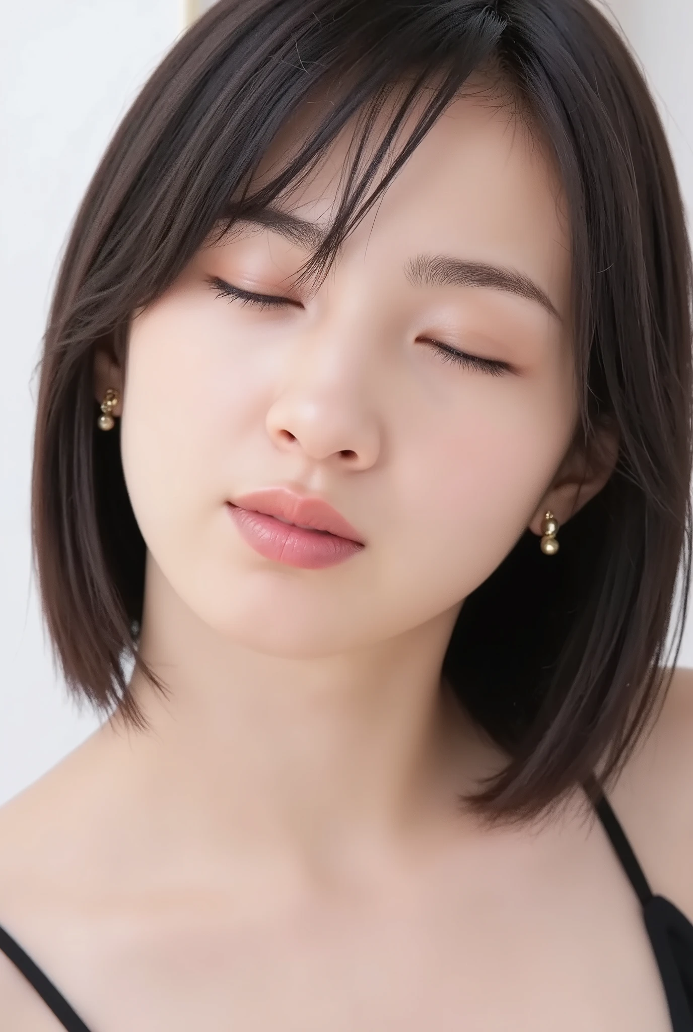 ultra-detailed close-up of a beautiful girl, collarbone-up composition, white studio background, soft natural lighting, slightly elevated camera angle (around 35 degrees), full face and head visible in frame, chin slightly raised, eyes gently closed, deeply affectionate smile, cheeks and ears flushed, dreamy, blissful, euphoric expression, mouth puckered and protruding with a rounded kiss shape, glossy moist lips with shimmering highlights, soft lips reflecting light, extreme focus on lips, inviting kiss pose, longing expression, desperate affection, dere-dere mood, hands behind her back and not visible, natural skin texture with visible peach fuzz, matte facial skin, black camisole strap visible, soft head tilt, bokeh background and soft facial contour blur to emphasize lips, overflowing with affection and dazed joy