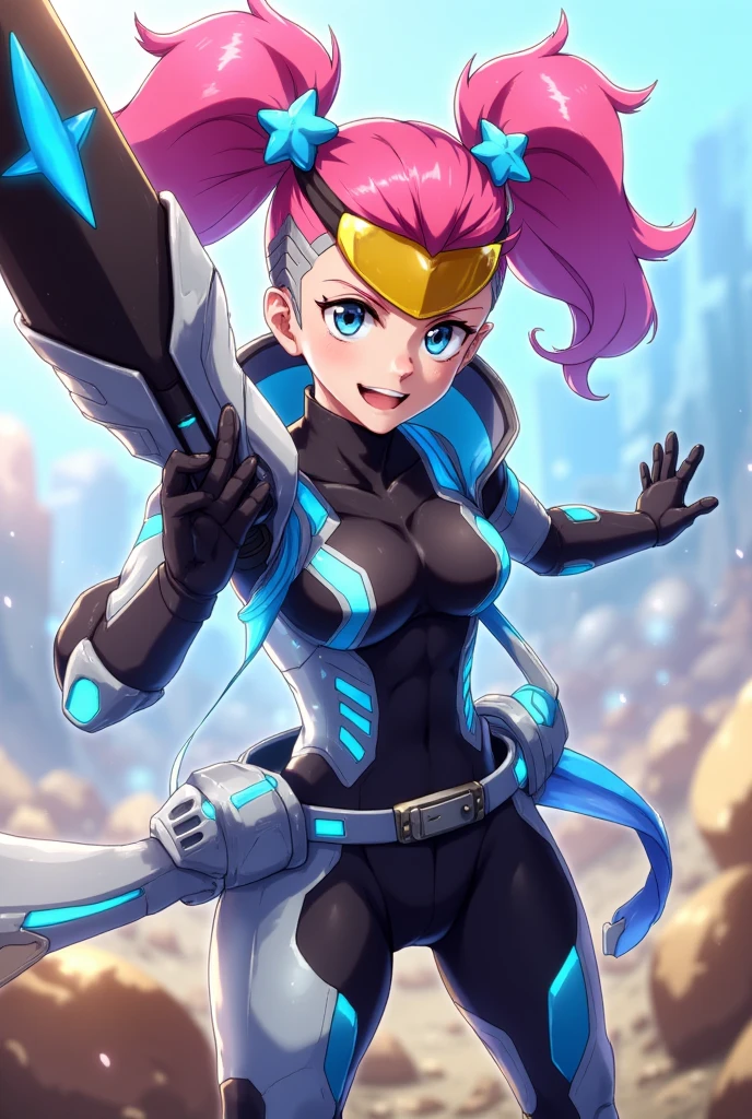 best qualityer，Masterpiece artwork，Final resolution，Soft，extremely colorful，de cor，Mermaid princess，(d.Go to Overwatch wearing your original blue suit:1.4)，black suspender stockings，Starry Android!,8K more detailed.engine unreal:1.4,uhd,La best qualityer:1.4, photorrealistic:1.4, texture skin:1.4, Masterpiece artwork:1.8,Masterpiece artwork, best qualityer,object object], (detailed facial features:1.3),(Blue robotic laboratory:1.4),(long pink hair:1.4),（descrição bonita e detalhada dos olhos）,(hands:1.4)