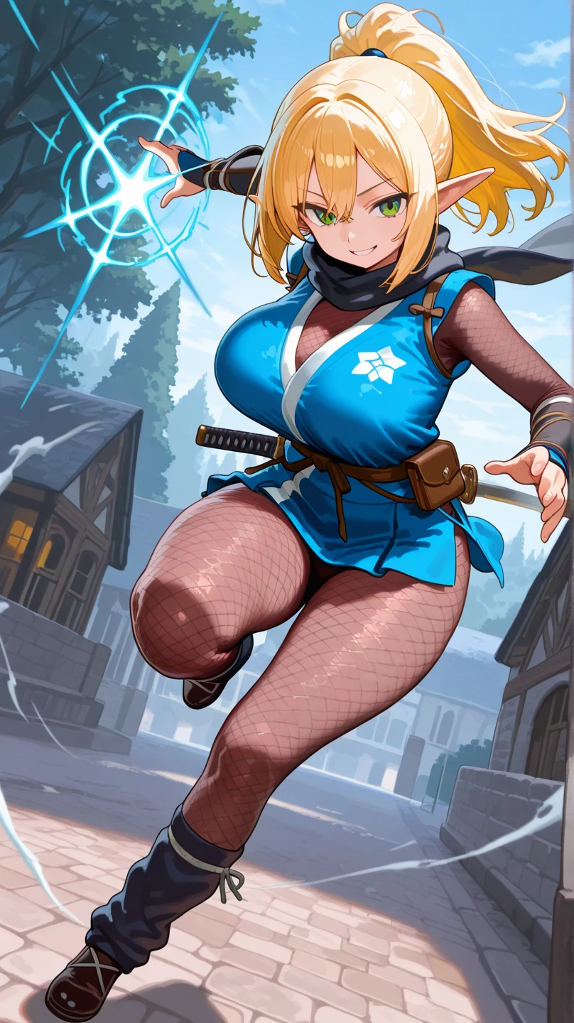 great quality, (1 women), nobara, perfect eyes, (standing), (wearing mage robe), mage robe, magic, (casting), long torso, (blonde ponytail), full body, (casting spell), blue flashes of light, blue sparks, in battle, (large tits), massive ass, thick thighs, (long torso), wide waist, skinny torso, fit, perfect face, sexy, (blushing),