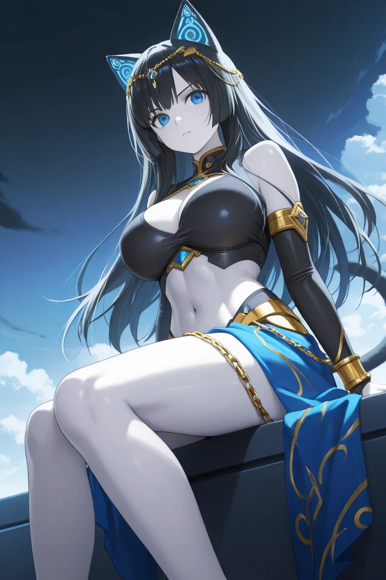 masterpiece, best quality, extremely detailed, 1girl, mature female, solo, (huge breasts:1.4), (((Dark Blue Hair, long hair, Bangs, Dark Blue Eyes, pointy ears))), parted lips, (((race queen, cropped jacket, highleg bikini, micro shorts, black gloves, thigh boots))), ((blush, angry), closed mouth), ((sitting on a stone, forest, dark sky, storm clouds))