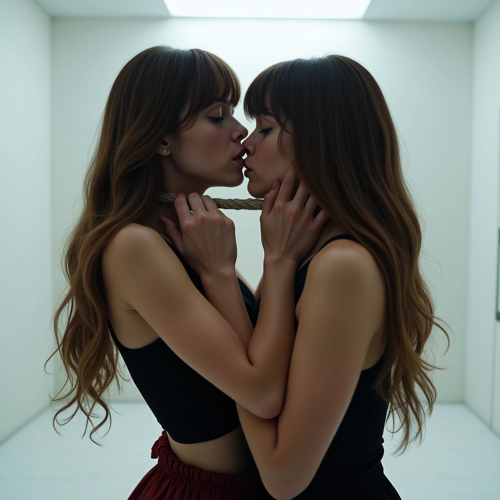 (photorealism:1.2), highschool hallway, women ((16 yo/midteen girls)) crawl over each other on all fours (wrestling|straddling eachother) wearing tight uniforms and microskirts. Their eyes are wide open and gaze aimlessly - their expressions slacked-jawed and salivating too such extent as to be visible to the POV. Some press their mouths|cheecks together ((tongues))|posteriors while the others gaze vacantly in their direction. Tiny beads of sweat trickle down their skin. In a dreamlike euphoria, they arch their backs ((uncovering their curves and creases)) and rest their heads on the floor. One of the females looks directly at the POV with pure instictual want.
Beautiful female teachers ((age30|35:1.0) with shapely physiques crawl beside them while discarding layers of their once professional attire.