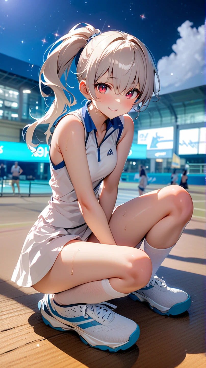 Highest quality、High resolution、Detailed Background、(Beautiful face in every detail:1.4)、Anatomically correct、(Detailed eyes:1.2)、Teenage beauty、Cute hair colour、Braided Ponytail、Braided bob cut、Braided twin tails、A fun atmosphere、Friendship and fulfillment felt through tennis、Tennis court、
Running on the white coat, blown by the fresh wind、Strength in the hands that grip the racket、
Concentrate on each ball and hang on to your opponent、Immersed in the world of competition, my heart is racing、
Win or lose, hold hands with your friends、The bond of mutual admiration grows deeper、
The joy of sweaty skin、A dazzling smile blooms and fun times flow、
T-shirts and tank tops are recommended.、skirt、Shorts、Leggings etc.、
When it comes to skirts, short styles are the trend、White pleated tennis skirt、
Wristband、hair band、Socks etc.、Colorful and stylish design