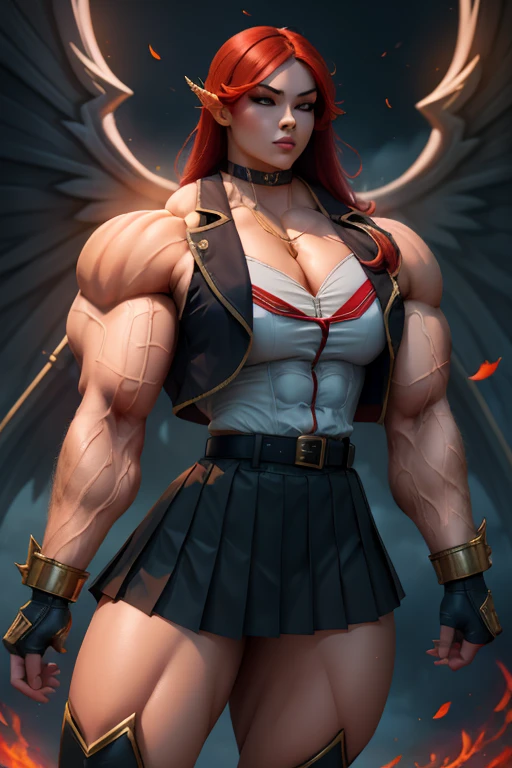 ((Close-up)), tall, (orange blue hair) beautiful muscular woman, long shaggy hair, pale white skinned, closed smile, (black lipstick), (massive muscles), (hyper muscle), (((ginormous bulky muscles))), green eyes, (((sleeveless orange pleated shirt))), (giant angel wings), (((long pleated skirt with belt))), fingerless gloves, necktie, thigh highs, on a skyscraper,