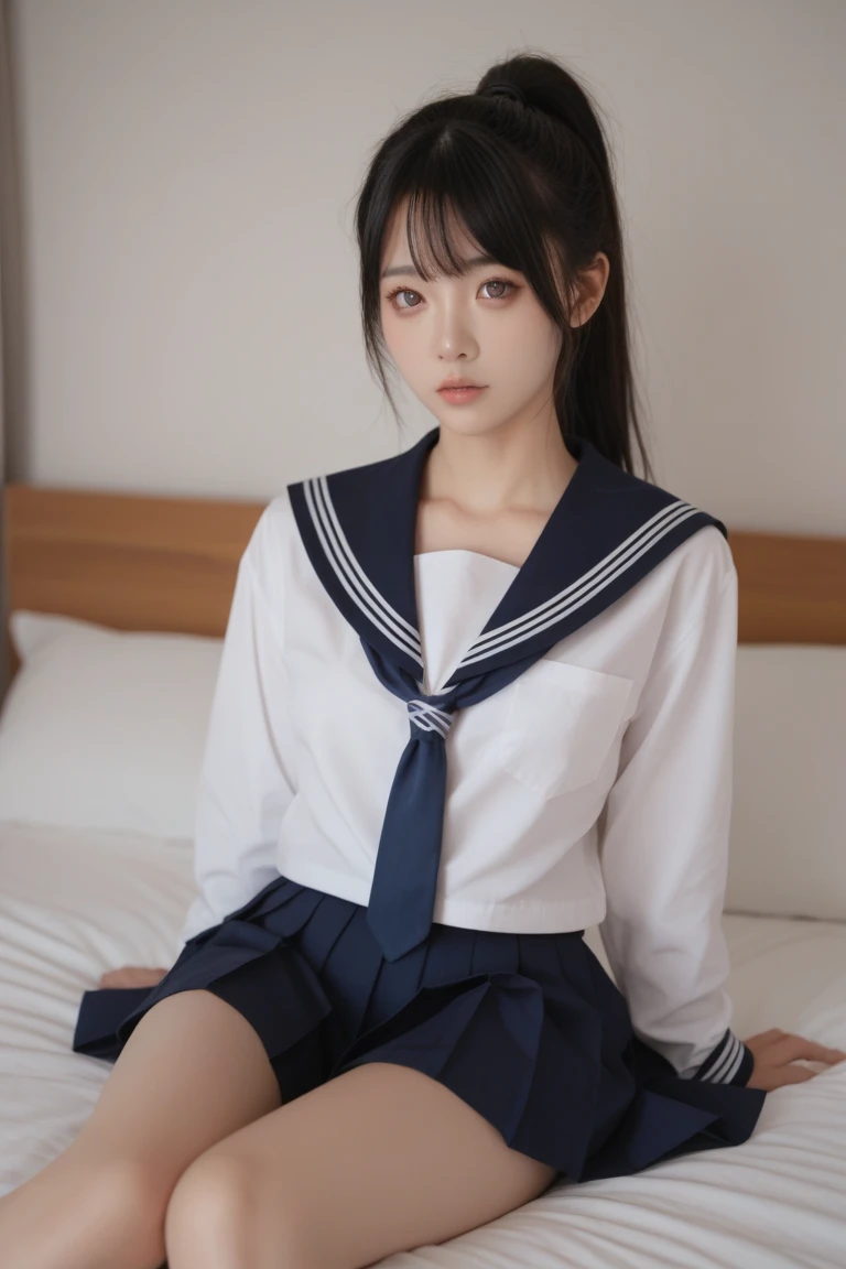 (Highest quality,masterpiece:1.3,Ultra-high resolution,),(Very detailed,Caustics),(Realistic:1.4,RAW shooting,)Ultra-Realistic Capture,Very detailed,High resolution 16k human skin closeup。 Natural skin texture、,pores、、、、It must be detailed enough to be easily identifiable。 Skin tone is even and healthy looking。 Use natural light and colour,Sailor suit,1 girl,Japanese,,cute,Black-haired,ponytail,Shapely small breasts,smile,Turn your body forward,(Front view:1.1),Looking into the camera,Cowboy Shot,
