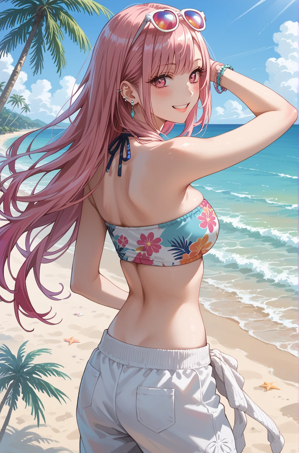 yuukikonno, Yuki Konno, hair band, long hair, pointed ears, purple hair, (red eyes:1.5), (small breasts:1.2),happy smile, smile, open your mouth, open your mouth,Purple bikini swimsuit,short denim pants,barefoot,barefoot,sandy beach,beach,Light of the sun,true summer,
break looking at viewer, Upper body, full body,
break outdoors, beach,
break (masterpiece:1.2), highest quality, High resolution, unity 8k wallpaper, (figure:0.8), (detailed and beautiful eyes:1.6), highly detailed face, perfect lighting, Very detailed CG, (perfect hands, perfect anatomy),