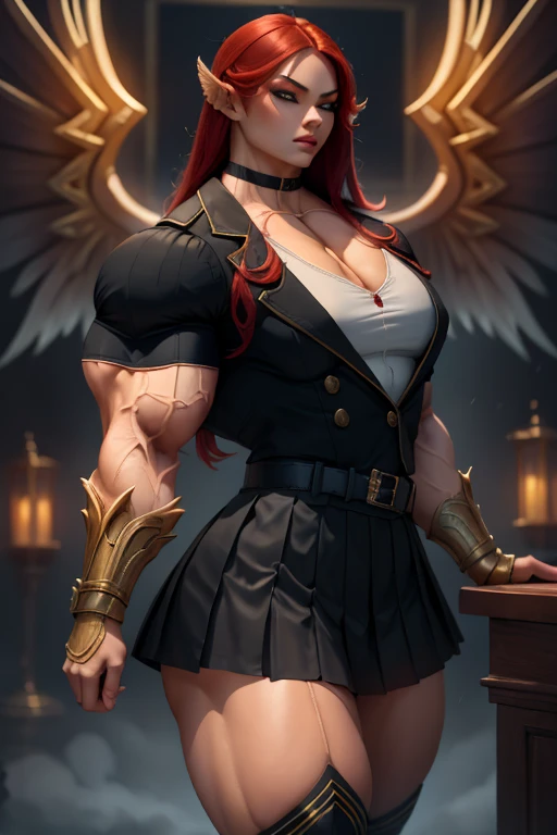((Close-up)), tall, (red hair) beautiful muscular asian woman, long hair, pale white skinned, closed smile, (black lipstick), (massive muscles), (hyper muscle), (((ginormous bulky muscles))), yellow eyes, (((sleeveless red pleated shirt))), (giant angel wings), (((long pleated skirt with belt))), fingerless gloves, necktie, thigh highs, on a skyscraper,