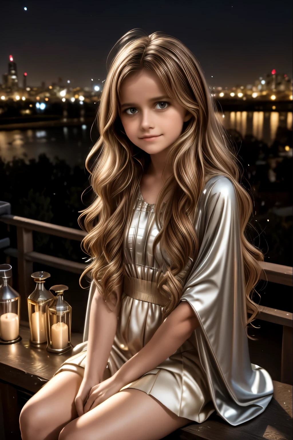 A young girl with long wavy hair, wrapped in a light cloak, sits on top of a grassy hill under a starry sky. Before her stretches a vast city lit up by thousands of golden lights, with streets intertwined like luminous veins and buildings that stand out against the darkness. The night breeze gently moves her hair as she gazes at the panorama with a dreamy and thoughtful air. In the background, the full moon dominates the sky, reflecting on the river that runs through the city. The style of the image is realistic with dreamlike elements, rich in details and evocative atmosphere.