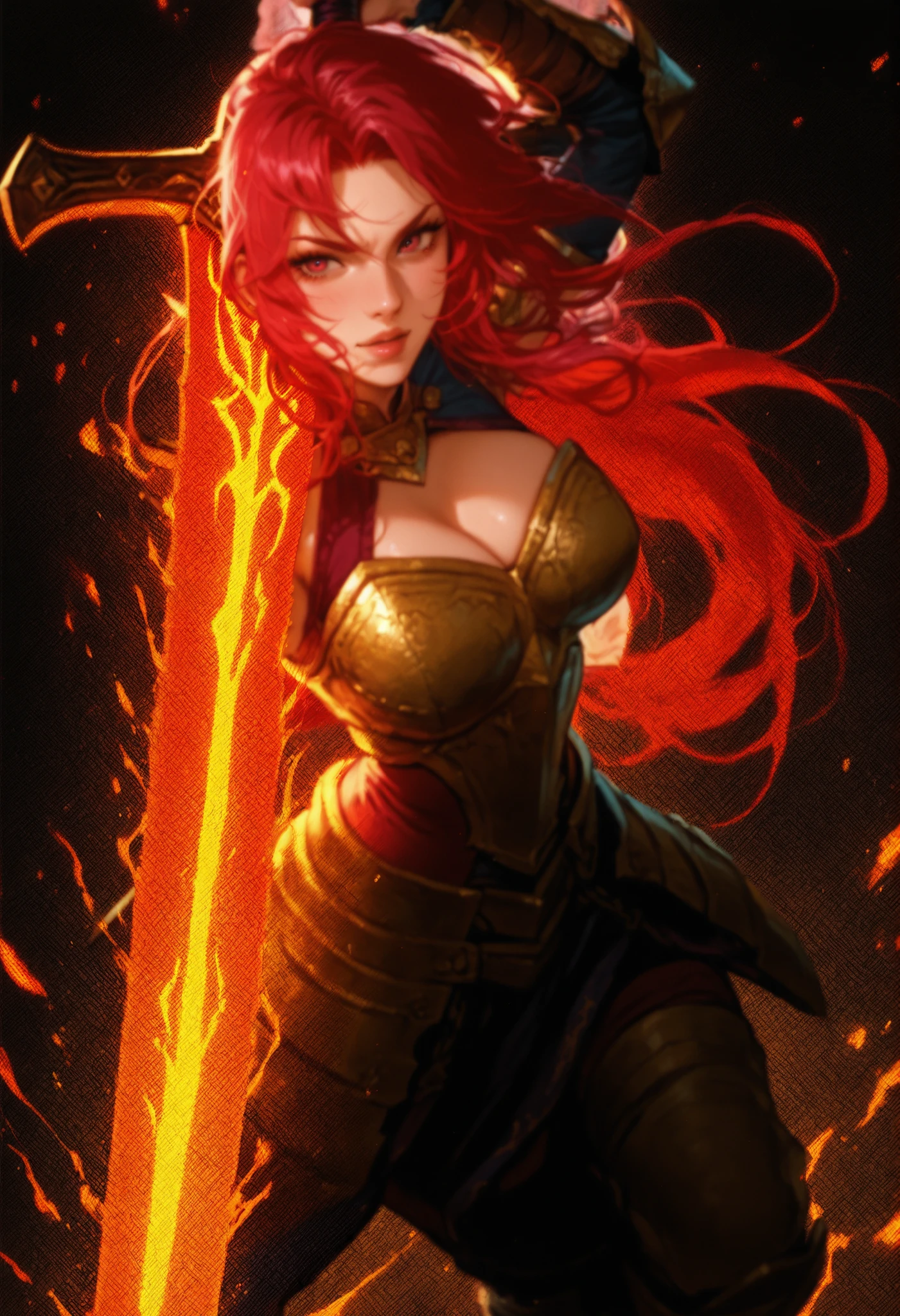 greek goddess of war and life, athena, angry woman with athletic military body, wearing female greek armour, long fire red hair with flames, 24 years old, uhd quality, animated style, greek battle axes