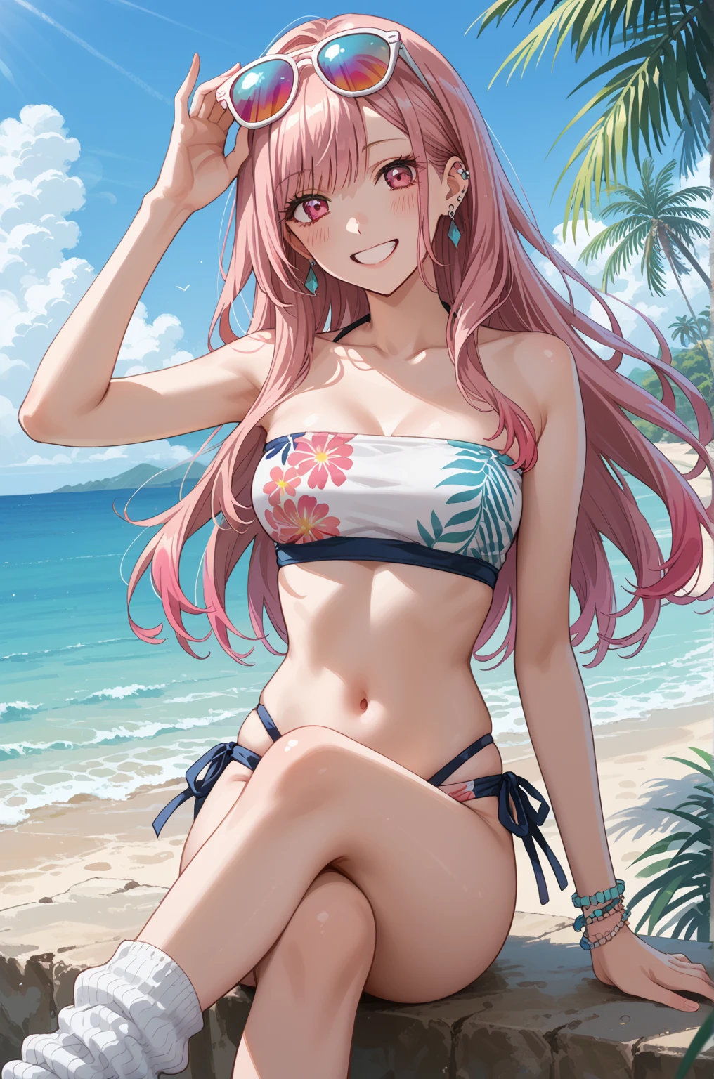 zero two, side tie bikini, medium breast, slim legs, sunny day, Beach, leaning, beautiful eyes, green eyes, nervous