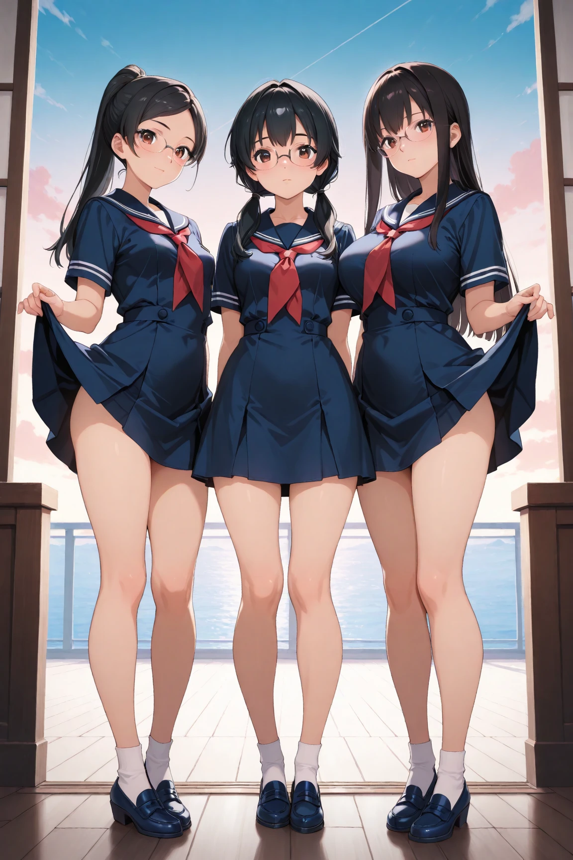 high school girl, , Sailor suit, ((masterpiece, Highest quality, High resolution, 超High resolution, Pixel perfect, Written boundary depth, 4K, RTTX10.0, High resolution))), (5 adult females:1.3), Beautiful Anime Women, Beautiful art style, Anime characters, ((Long Hair, bangs, Dark brown hair, Mr.々Hair style)), ((Beautiful eyelashes)), ((Detailed face, blushする:1.2)), ((Smooth texture, Realistic texture, Anime CG Style)), Perfect body, Slender body, Exact finger count、Exact number of legs、Exact number of arms, (blush:1), (Five women standing in a row, lift one&#39;s skirt to greet the crowd.:1.2), ((Fashionable white shirt, Sailor collar, mini skirt, Knee-high socks, loafers: 1.2)), (Raise your skirt yourself:1.1), Realistic, (Slender body:1.1), Highest quality, High resolution, 非常にDetailed face, Perfect lighting, Highly detailed CG, (Perfect hands, Perfect Anatomy), Embarrassed expression, (School classroom, Blackboard Background:1.3), Morning sun-like lighting, whole body, ((Stylish and sexy shiny satin panties, Stylish lace side tie panties, White panties, Pink Panties, Light blue panties:1.2)), Angle from the front、(Beautiful and thin thighs:1.1)